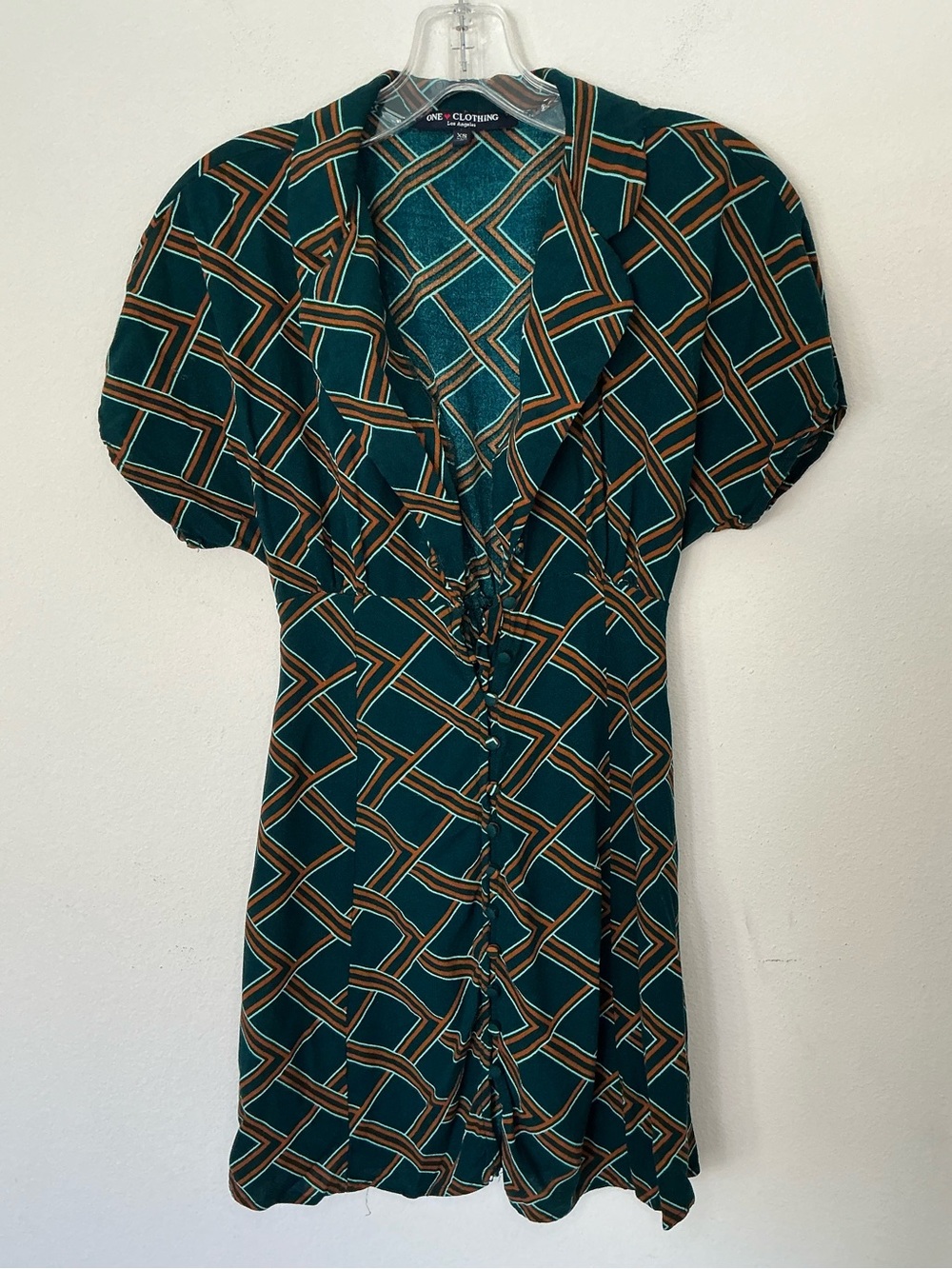 One Clothing LA Geometric Print Tie Front Dress XS Green Ruffle Short Sleeve